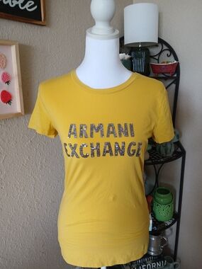 Armani Exchange Yellow Short-Sleeve Logo Tee with Metallic Lettering